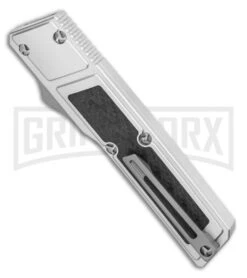 No Limit Knives Vespa Ripper OTF Silver/ CF Inlay Tanto Knife - Satin -Kershaw Shop Vespa Knives Ripper OTF Tanto Silver CF Inlay 3.2 Satin GX 36588 LS Side large