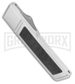 No Limit Knives Vespa Ripper OTF Silver/ CF Inlay Tanto Knife - Satin -Kershaw Shop Vespa Knives Ripper OTF Tanto Silver CF Inlay 3.2 Satin GX 36588 LS Spine large