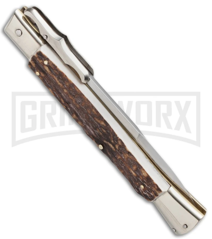 AGA Campolin 13" Stiletto Bat Swinguard Stag Horn Automatic Knife - Bayonet 4 AGA Campolin 13" Stiletto Bat Swinguard Stag Horn Automatic Knife - Bayonet - Image 2
