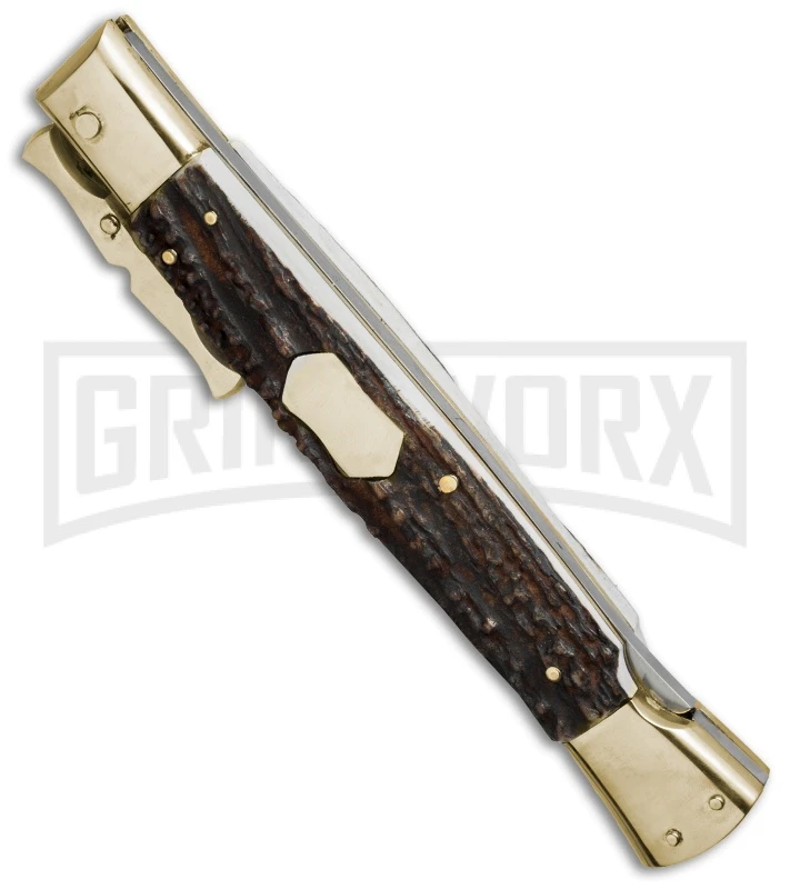 AGA Campolin 13" Stiletto Brass Bat Swinguard Stag Horn Automatic Knife - Dagger 4 AGA Campolin 13" Stiletto Brass Bat Swinguard Stag Horn Automatic Knife - Dagger - Image 2