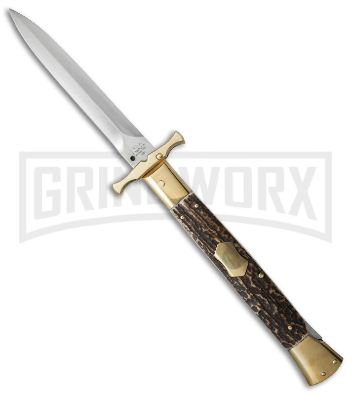 AGA Campolin 13" Stiletto Brass Bat Swinguard Stag Horn Automatic Knife - Dagger 3 AGA Campolin 13" Stiletto Brass Bat Swinguard Stag Horn Automatic Knife - Dagger