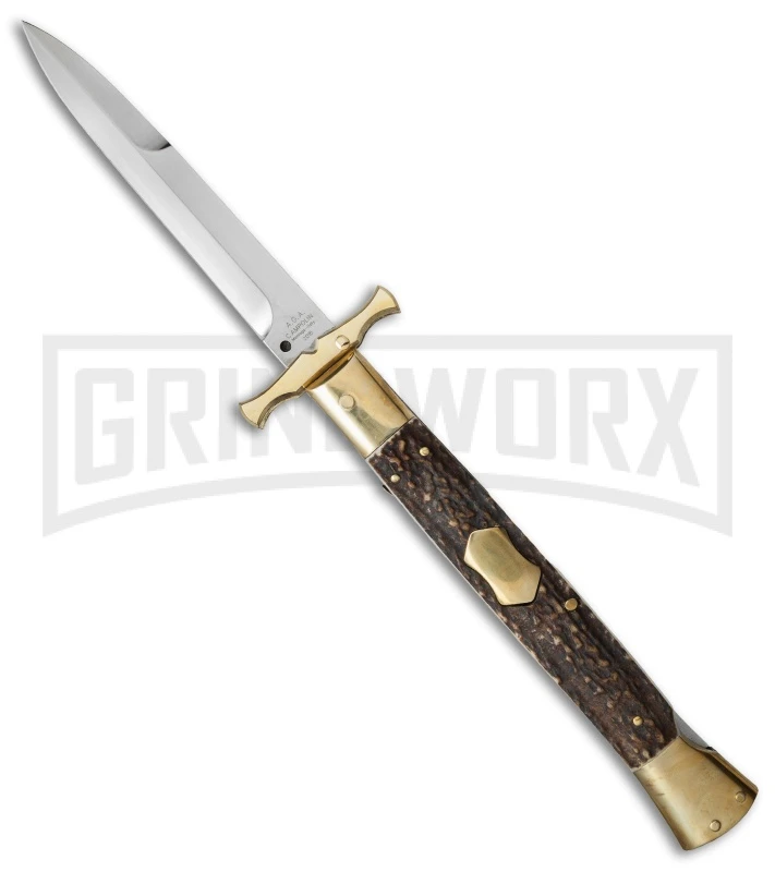 AGA Campolin 13" Stiletto Brass Bat Swinguard Stag Horn Automatic Knife - Bayo 3 AGA Campolin 13" Stiletto Brass Bat Swinguard Stag Horn Automatic Knife - Bayo