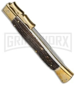 AGA Campolin 13" Stiletto Brass Bat Swinguard Stag Horn Automatic Knife - Bayo 8 AGA Campolin 13" Stiletto Brass Bat Swinguard Stag Horn Automatic Knife - Bayo -Kershaw Shop aga 13in swing bat stag bayo brass side cm large
