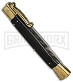 AGA Campolin 13" Stiletto Brass Swinguard Ebony Wood Automatic Knife - Bayonet -Kershaw Shop aga 13in swing brass ebony bayo side cm large