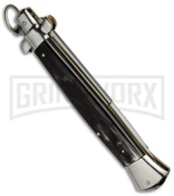 A.G.A. Campolin 15" Italian Stiletto Dark Horn Ring Pull Automatic Knife - Bayo -Kershaw Shop aga campolin stilleto 15in dark horn bayo pull ring BP 5028 dl side large
