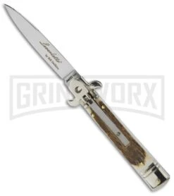 AKC 7.75" Bill DeShivs Leverletto Stag Horn Automatic Knife - Flat Grind