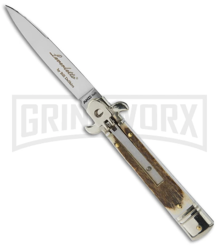 AKC 7.75" Bill DeShivs Leverletto Stag Horn Automatic Knife - Flat Grind 3 AKC 7.75" Bill DeShivs Leverletto Stag Horn Automatic Knife - Flat Grind