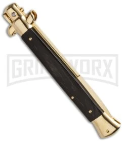 Frank B. 11" Italian Stiletto Dark Horn Automatic Knife - Gold Bayonet -Kershaw Shop fb 11 dh bayo gold side jm large