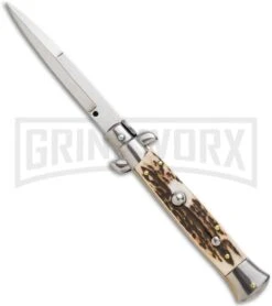 Frank B 9" Italian Stiletto Stag Horn Automatic Knife - Bayonet