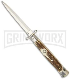 Frank B. 11" Italian Stiletto Swinguard Stag Horn Automatic Knife - Dagger
