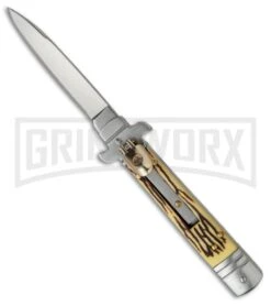 Levermatic 8" Stiletto Sim Stag Horn Automatic Knife - Flat Grind