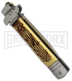 Levermatic 8" Stiletto Sim Stag Horn Automatic Knife - Flat Grind -Kershaw Shop levermatic stiletto 8in slim stag flat in 9h a 301f BP 9839 dl side large