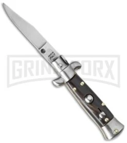 SKM 4.5" Italian Stiletto Dark Horn Automatic Knife - Satin Clip Point