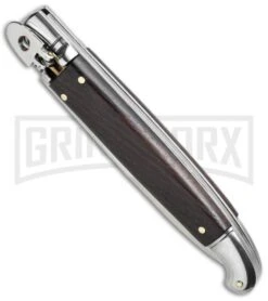 SKM 9.5" Dark Wood Fancy LeverLock Automatic Stiletto Knife - Satin Bayo -Kershaw Shop skm 9 5in wood leverlock bottom cm large