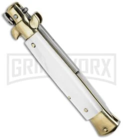 SKM 9" White Pearlex Brass Bolster Automatic Stiletto Knife - Satin Bayo -Kershaw Shop skm 9in stiletto pearl brass bayo side cm large